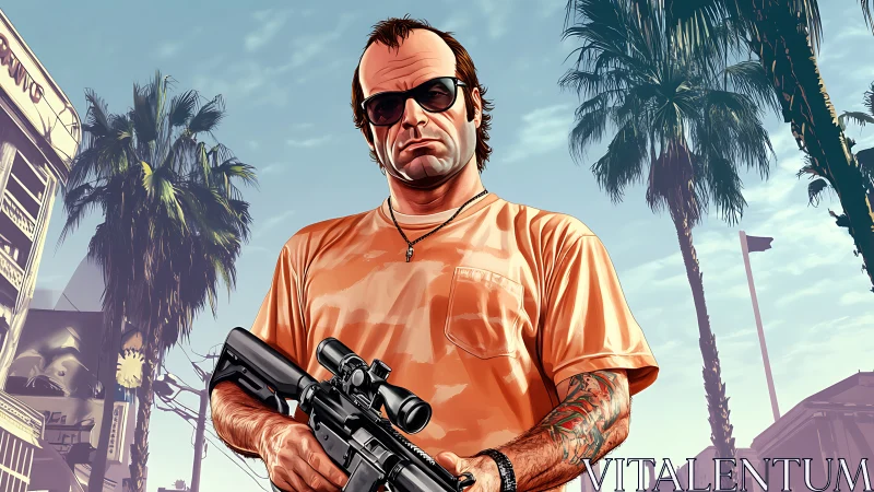 Armed urban antihero under palm-lined boulevard skyline.