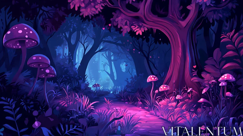 Bioluminescent Forest Pathway with Glowing Fungi and Ethereal Vegetation