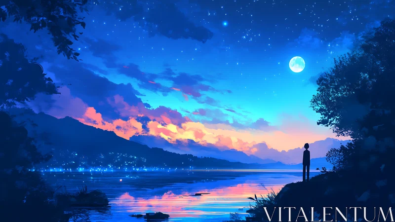 Night lakeside vista with silhouetted figure under sky.