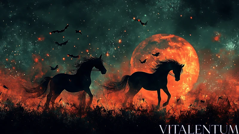 Fiery red moon silhouettes wild horses in haunted nightscape.