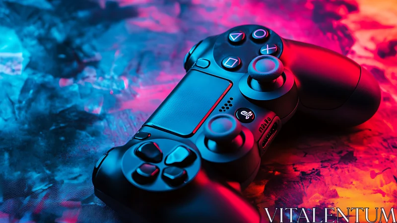 Gaming controller glows in vivid neon light and color haze.
