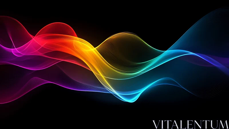 Radiant neon light waves flow across deep black space.