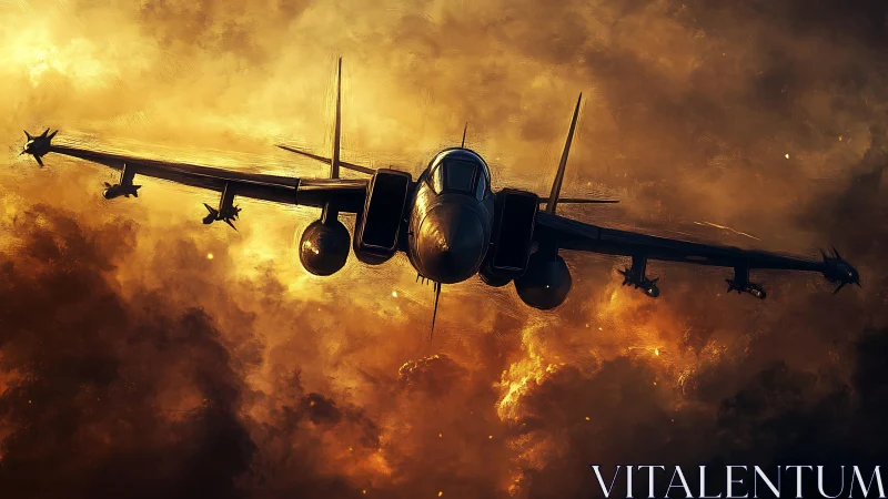 Stealth fighter jet cuts through burning storm clouds