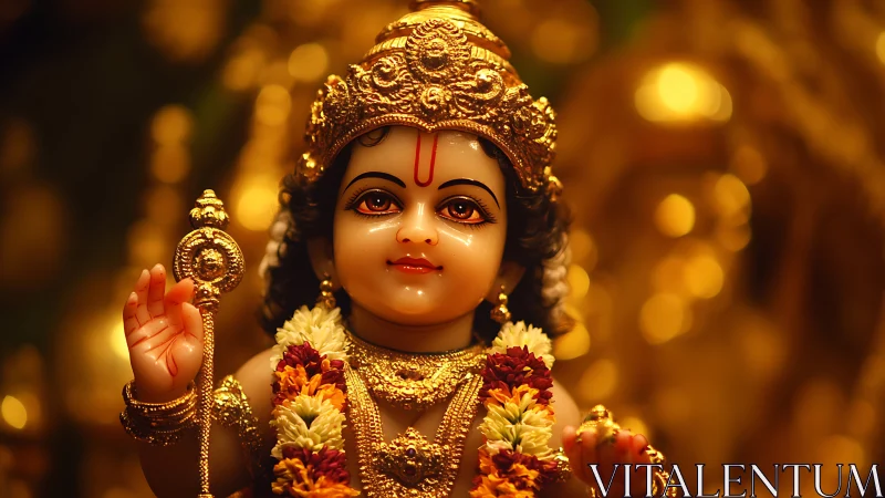 Divine child deity idol with golden crown and floral garlands.