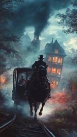 Midnight carriage races past a burning crooked mansion.