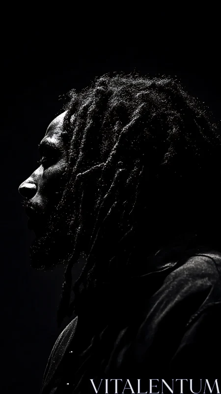 High-contrast rim-lit profile portrait with textured dreadlocks.