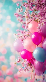 Pink balloons arranged with flowering branches against blurred turquoise background.
