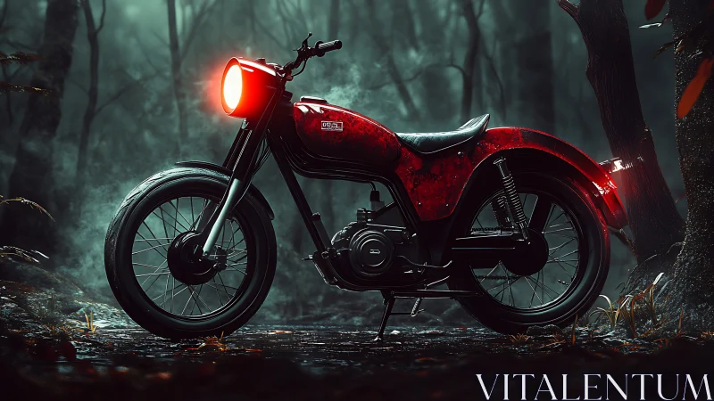Red vintage motorcycle in misty forest at night.