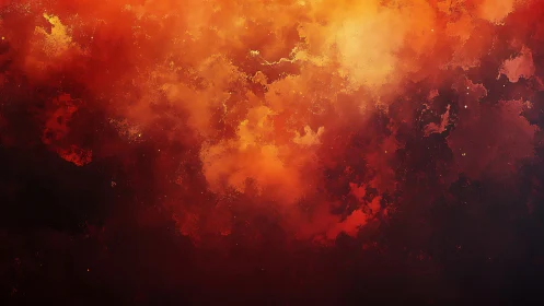 Abstract gradient composition with warm orange-red color transitions and particle effects.