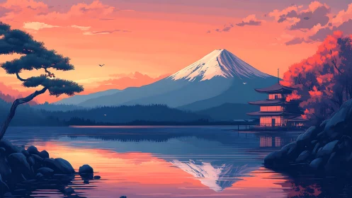 Sunset mountain lake with pagoda and reflected shoreline