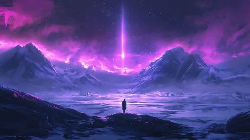 Solitary figure under vertical celestial light in icy basin.