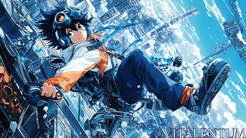 Skywire runner vaulting through a chrome cloud metropolis.