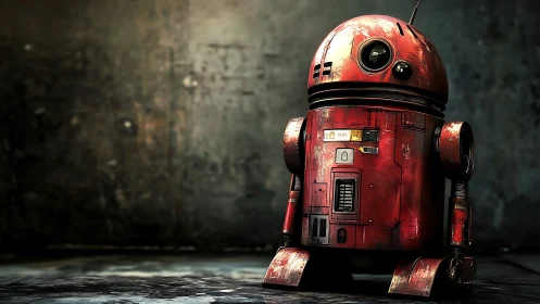 Red cylindrical robot stands on worn industrial floor