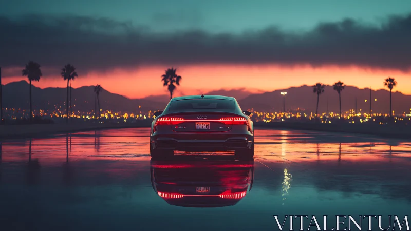 High-performance sedan reflects neon sunset on wet urban asphalt