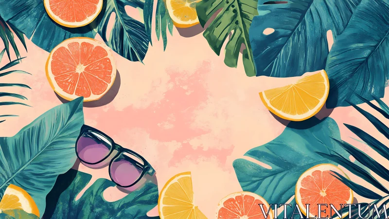 Summer citrus and palm leaves framing pastel beach space.