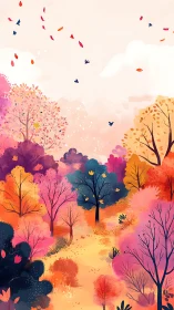 Vibrant Forest in Full Bloom with Playful Sky Dancers