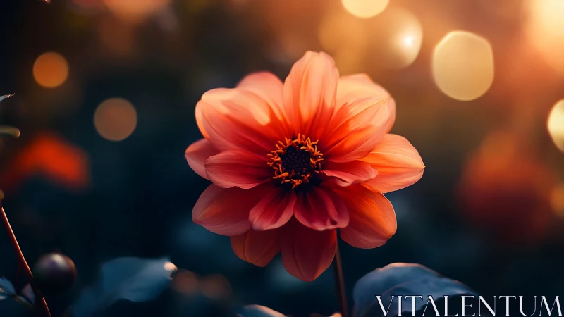 Red Dahlia Blossom with Golden Bokeh Illumination.