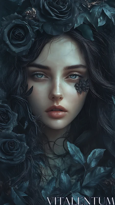 Moonlit rose muse in a dreamlike midnight garden.