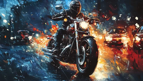 Motorcyclist rides through wet city traffic at night.