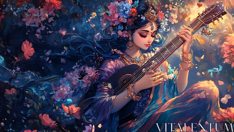 Floral songstress strums starlit guitar in jeweled dusk dream.