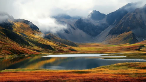 Mountain basin lake with mist, autumn tundra and ridges.