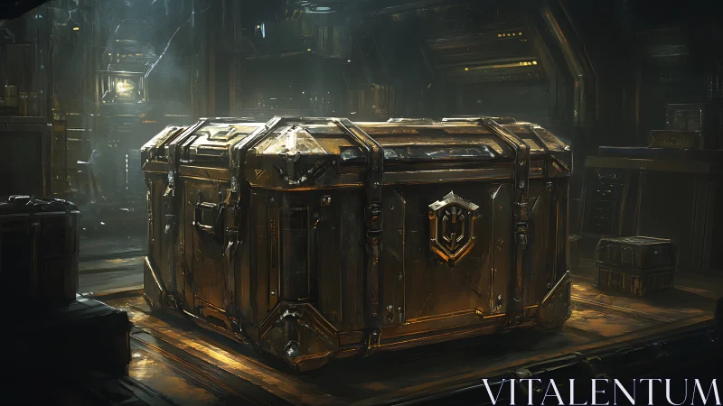 Metallic cargo container sits in dim industrial interior