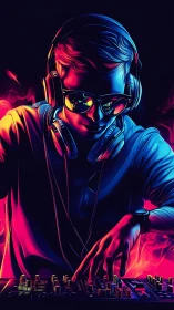 Neon-lit DJ portrait with vibrant duotone glow and motion trails.