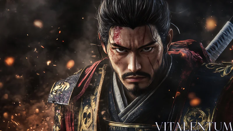 Fierce samurai warrior holds steady amid swirling embers