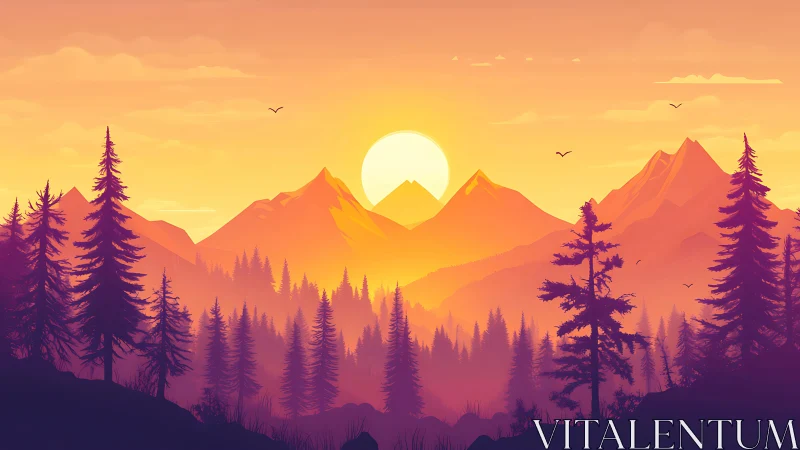 Sunset illuminates stylized mountains and dense pine forest