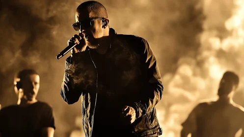 Smoke-drenched frontman commands a molten golden stage glow.