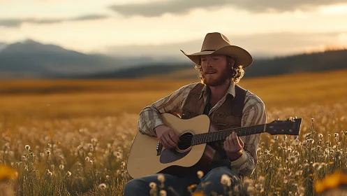 Cowboy guitarist singing in golden mountain meadow at sunset.