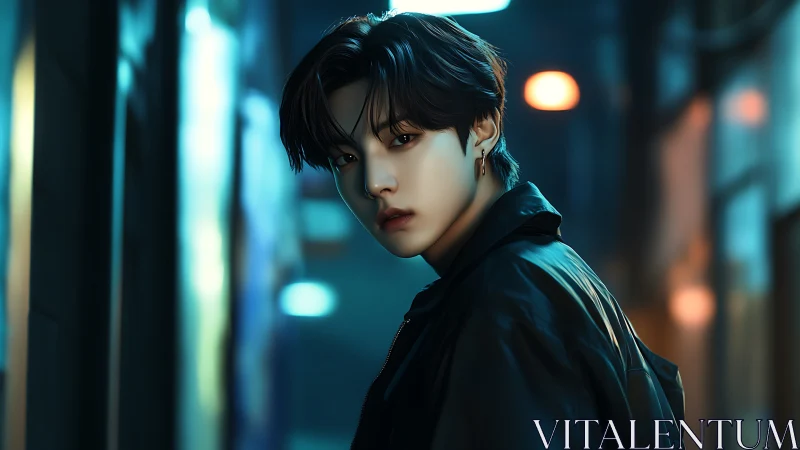 Brooding young man stands in neon alley under moody lights