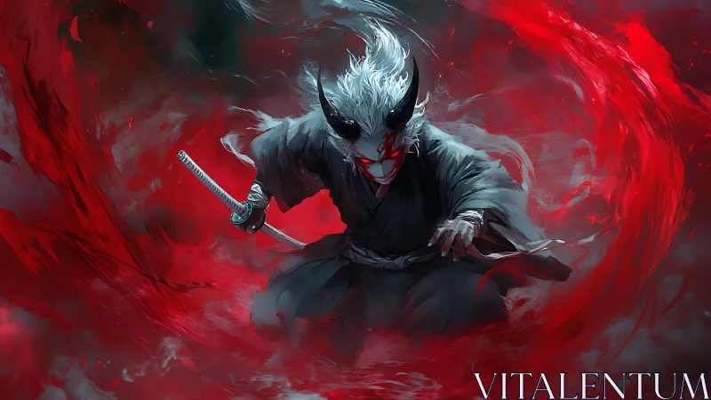 Horned swordsman in swirling red energy vortex, frontal view.