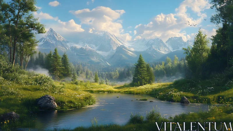 Digital painting mountain valley stream with atmospheric depth.