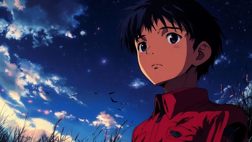 Anime boy stands in tall grass against detailed twilight sky