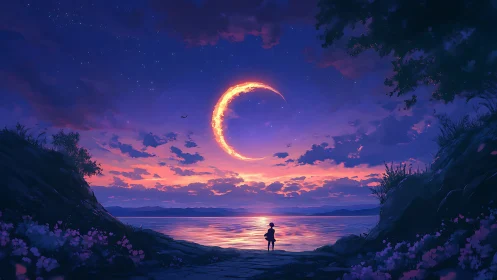 Crescent fire moon over twilight sea with lone watcher.