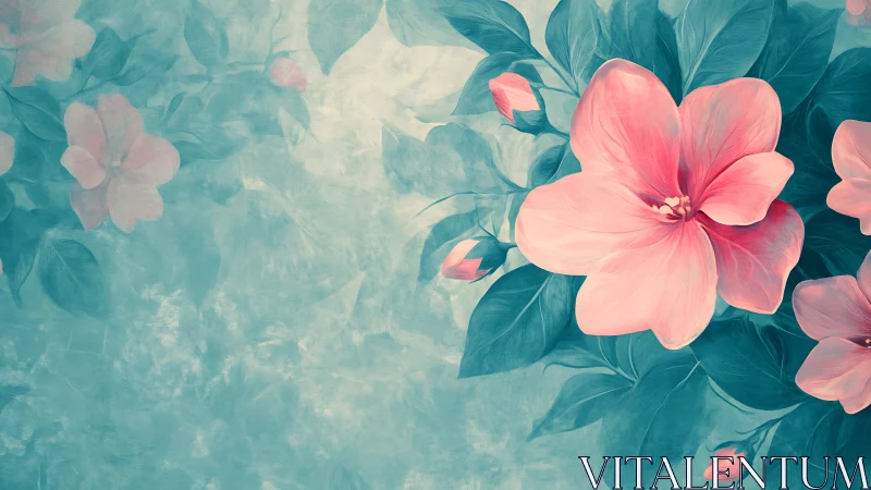 Pink Blossoms Bloom Against Serene Turquoise Foliage.