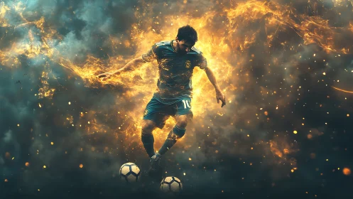 Soccer player in fiery digital aura controlling ball on field.