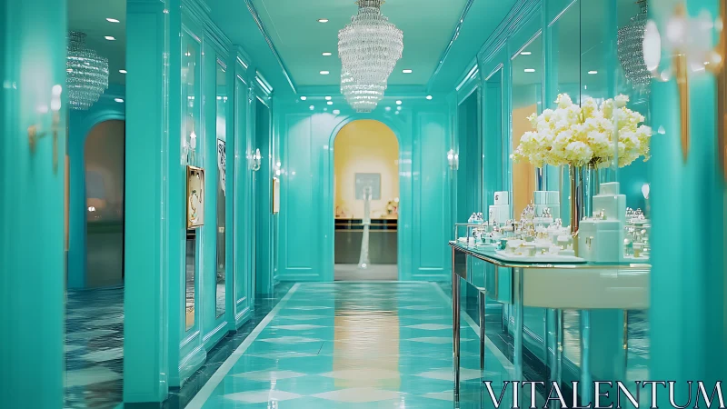 Turquoise luxury hallway with mirrored walls and chandeliers.