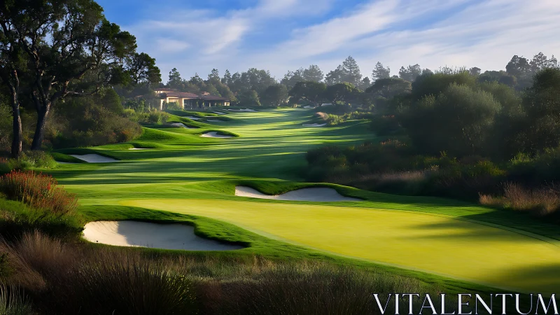Sunlit golf fairway with bunkers amid trees and clubhouse.
