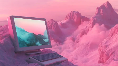 Retro CRT workstation embedded in surreal pink mountain cloudscape