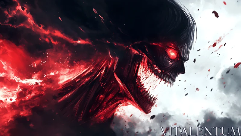 Volumetric red energy skull emerging through turbulent monochrome clouds