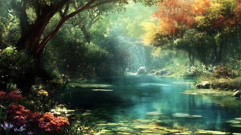 Luminous forest waterfall over tranquil lily pond panorama.