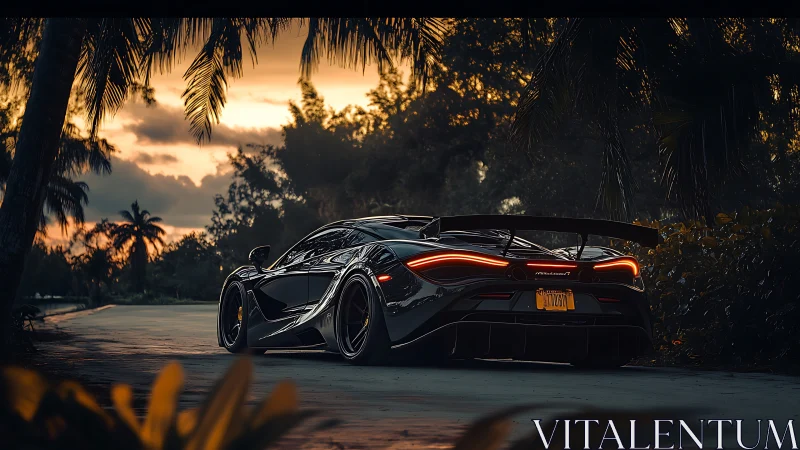 Sunset supercar escape along a palm-lined coastal road.