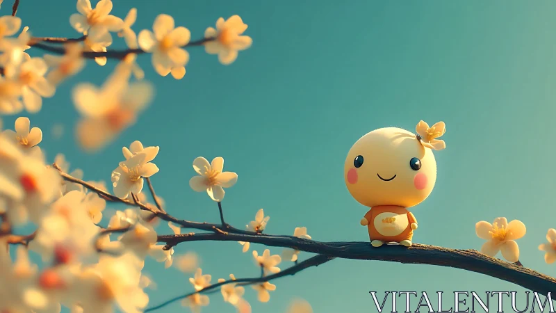 Blossom-perched chibi figure in stylized depth-of-field render.