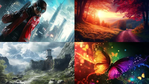 Quad digital scenes contrast cyberpunk hero, nature, fantasy