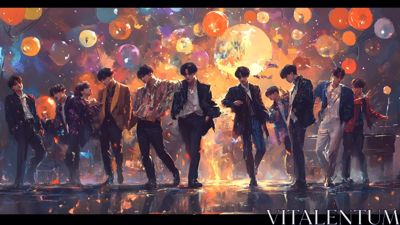 Digital painting of male dance group on reflective stage.