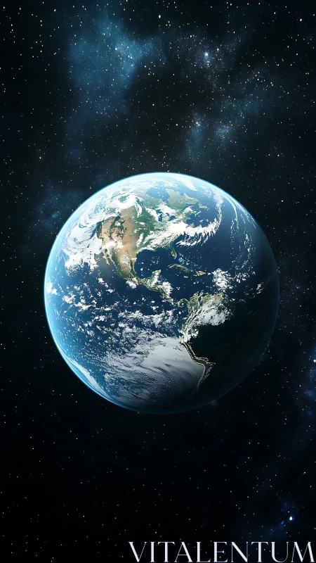 Earth floats in dark outer space with visible Americas