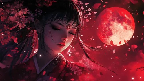 Red moonlit portrait unifying anime elegance and floral motion