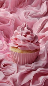 Pink Frosted Cupcake Against Liquid Swirl Backdrop. High-End Food Visualization.